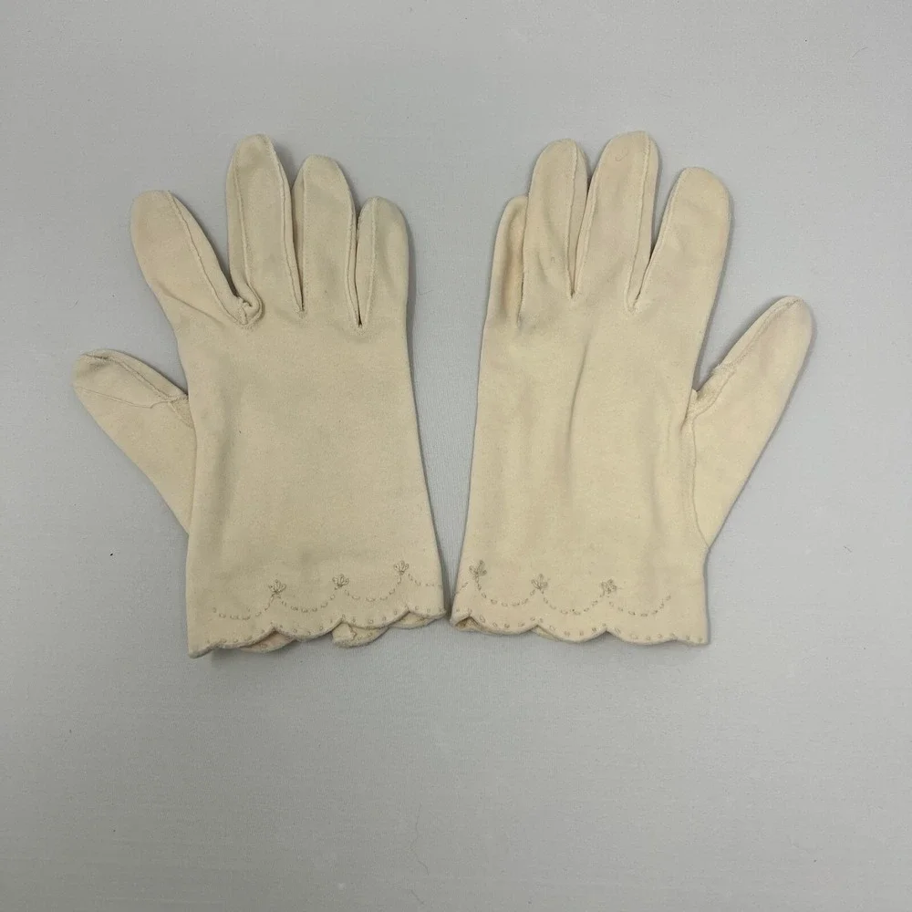 Vintage Womens Gloves White Beige Two Pair‎ Rhinestone Beads Embroidered